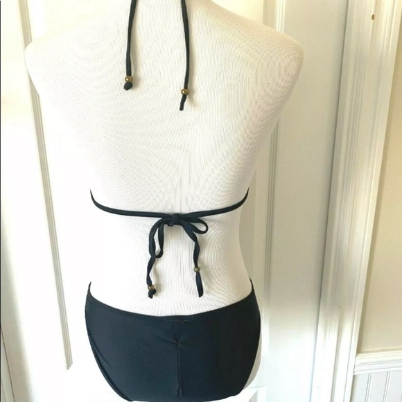 Womens Swimbay Size Small One Piece Bathing Swimsuit Black Gold Neck Cut Out EUC - Picture 3 of 6